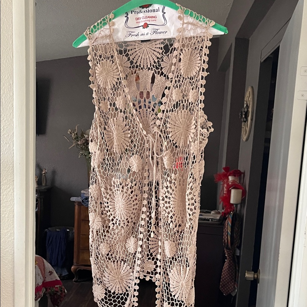 Boho Crochet Open-Front Vest in Beige - Lightweight Layering